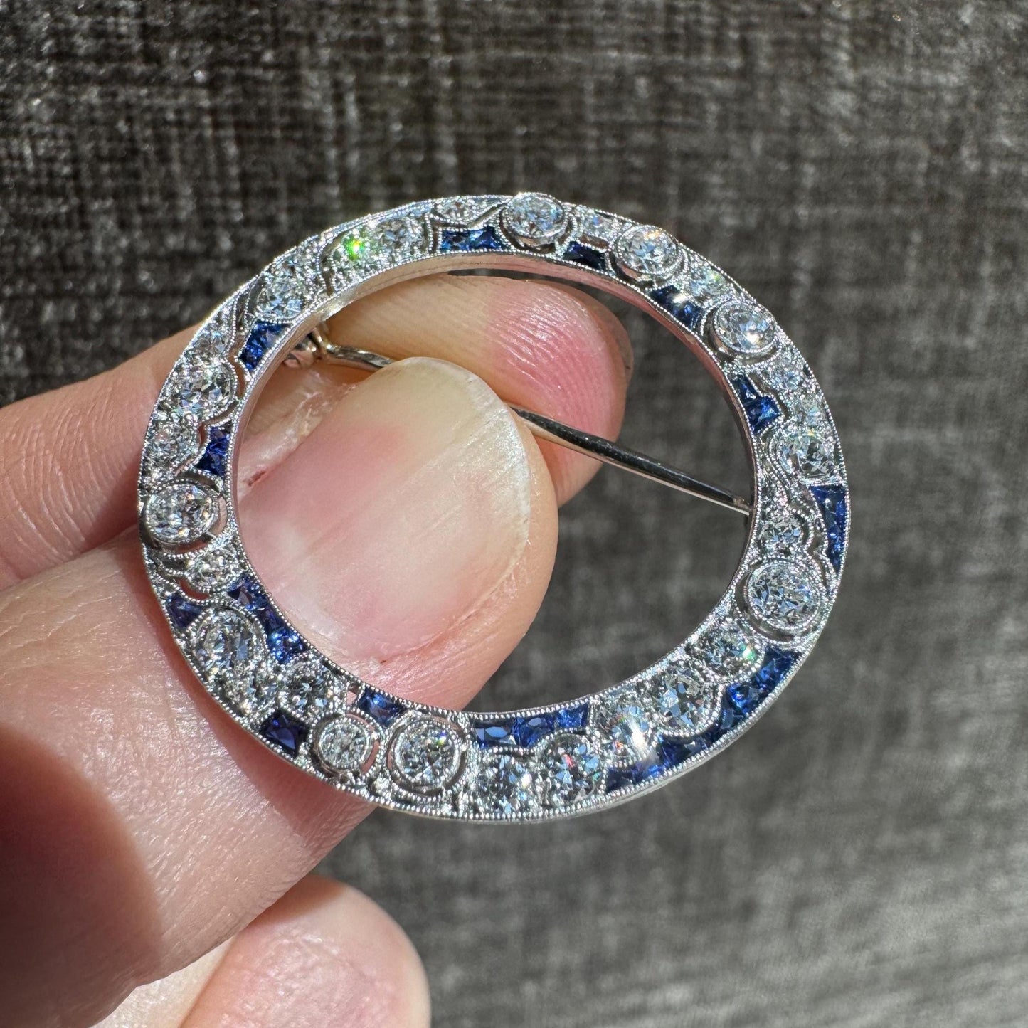 Art Deco Diamond and Sapphire Circle Brooch in 14k White Gold – 1920s Estate Jewelry