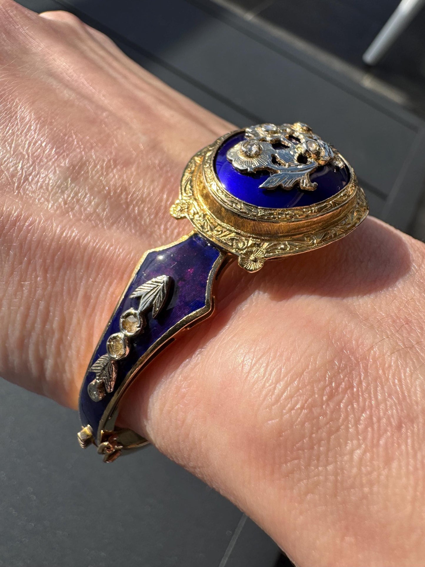 Victorian 18k Gold Enamel Bangle | Antique Rose Cut Diamond Bracelet