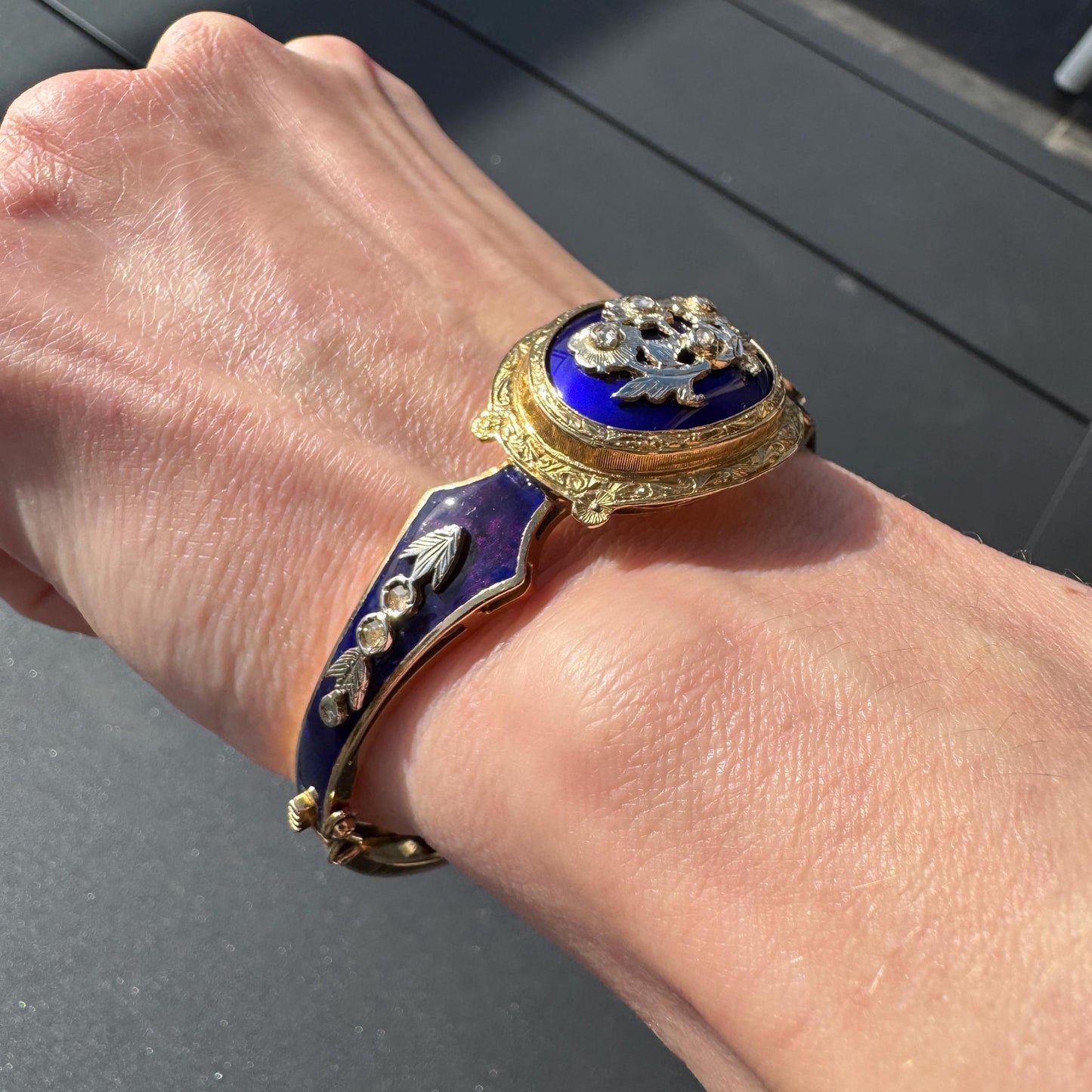 Victorian 18k Gold Enamel Bangle | Antique Rose Cut Diamond Bracelet