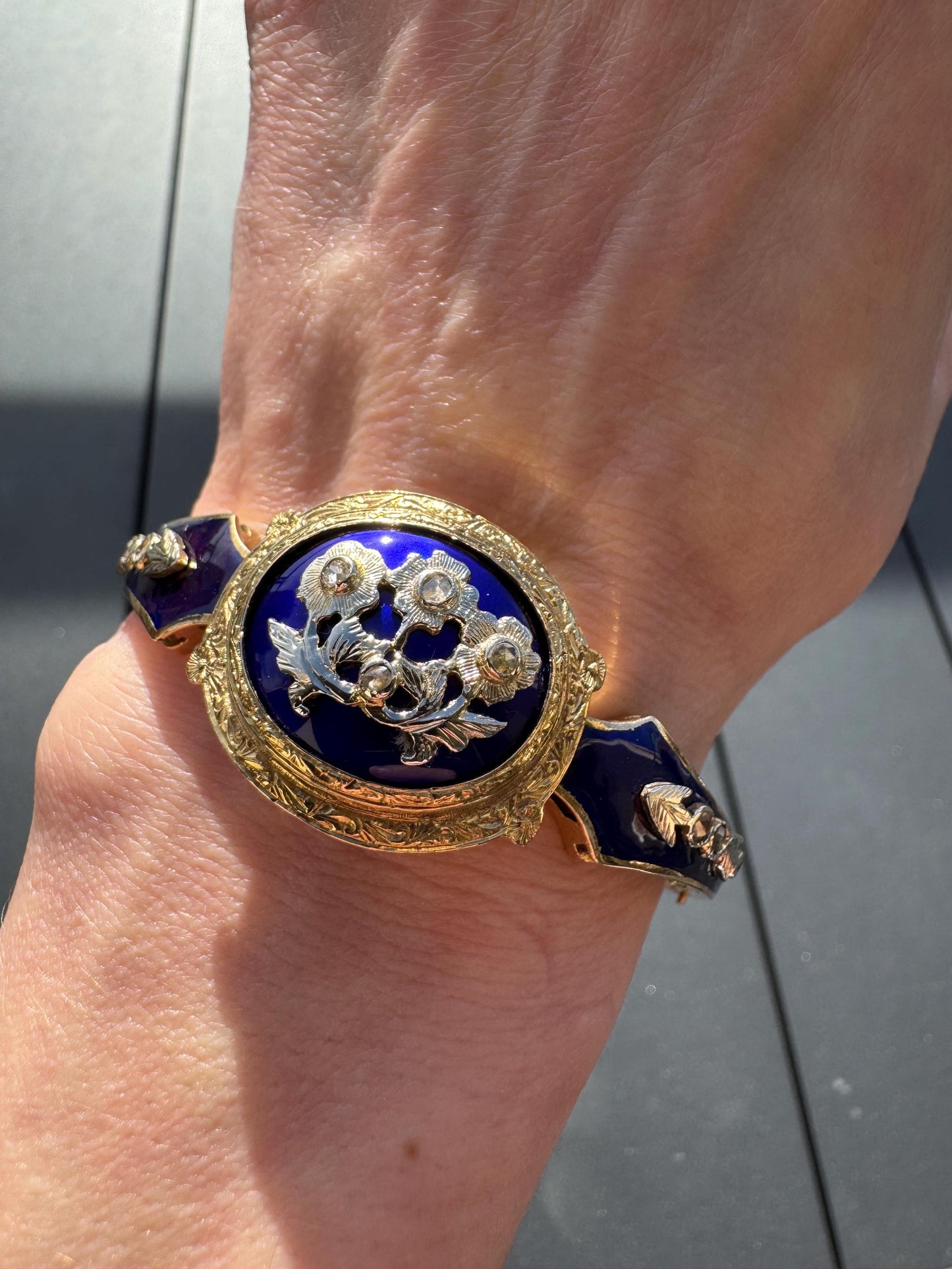 Victorian 18k Gold Enamel Bangle | Antique Rose Cut Diamond Bracelet