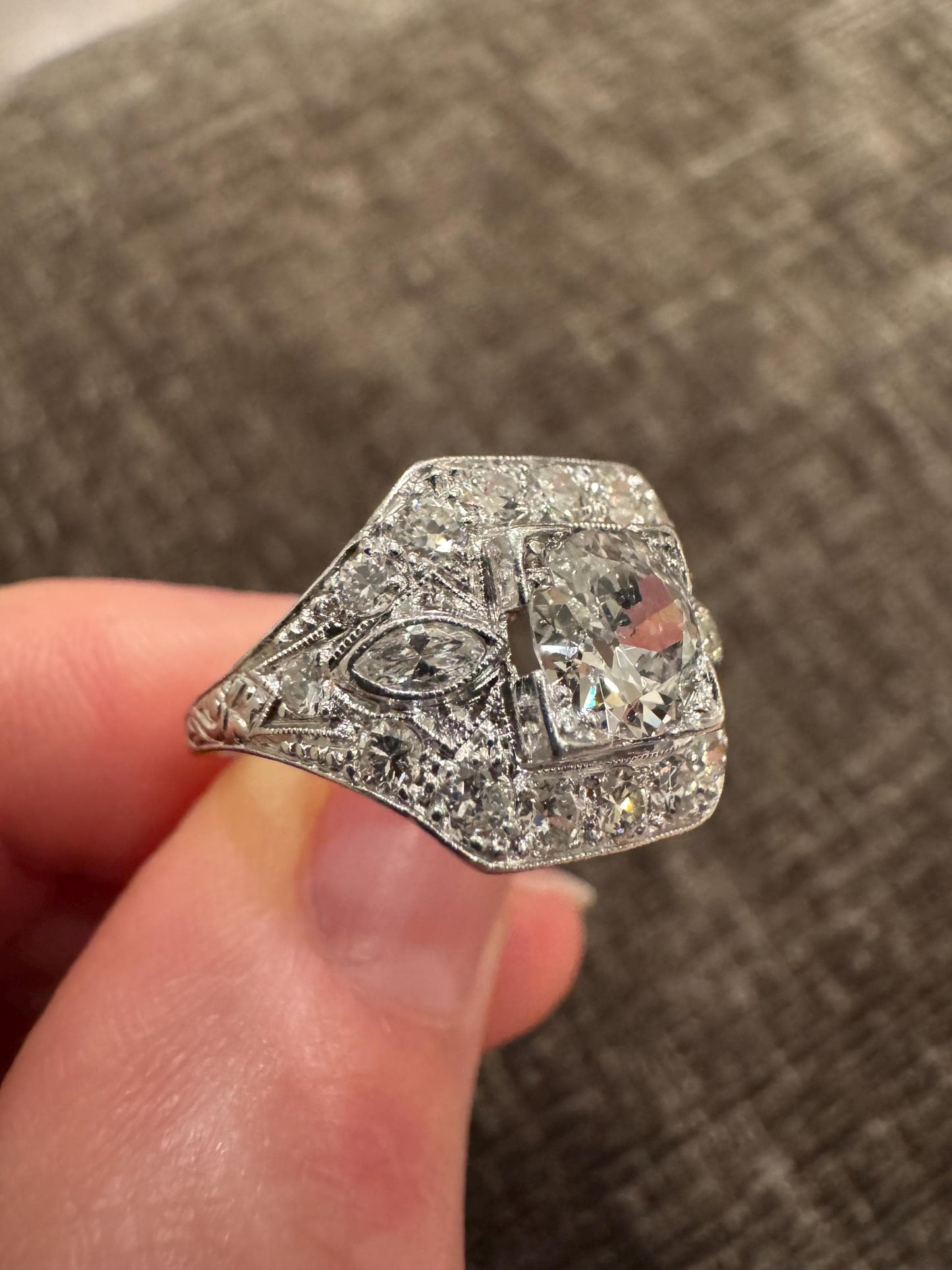 Art Deco Platinum Old Mine Cut Diamond Ring | 1.15ct Center + 1.65ct Accents | Vintage Estate Ring