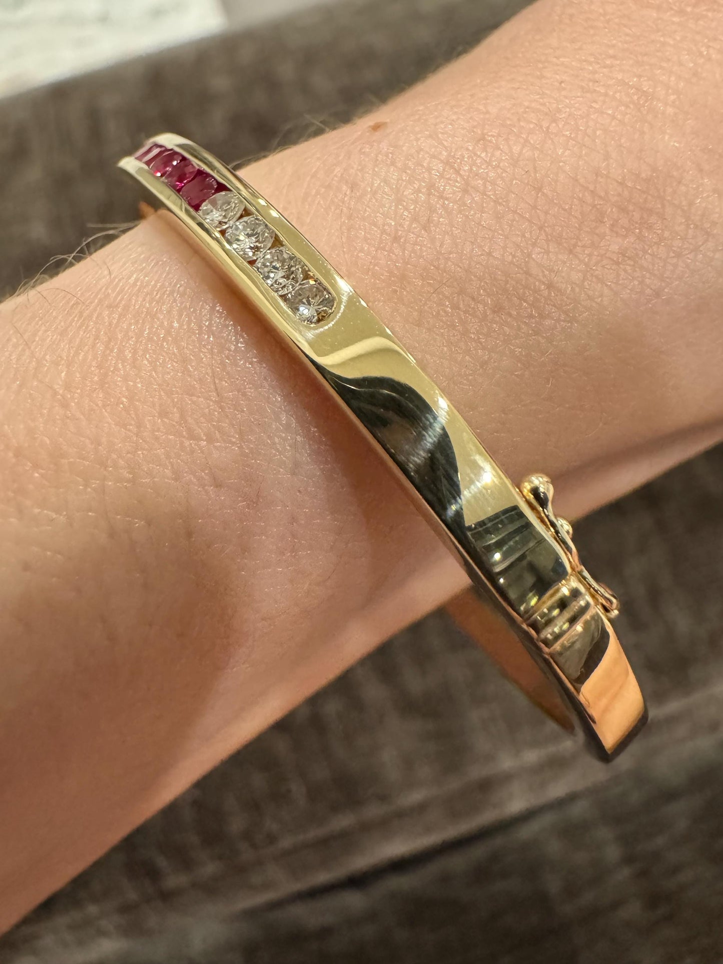 14K Yellow Gold Natural Ruby and Diamond Channel Bangle Bracelet | Estate Fine Jewelry