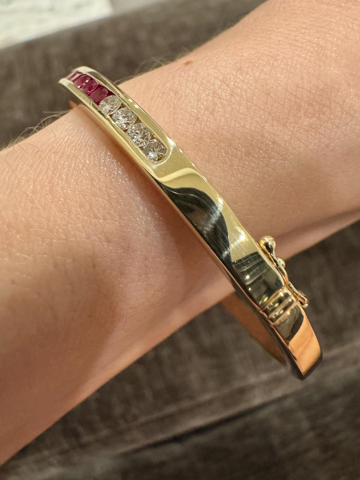 Solid 14K Yellow Gold Natural Ruby & Diamond Channel Bangle Bracelet