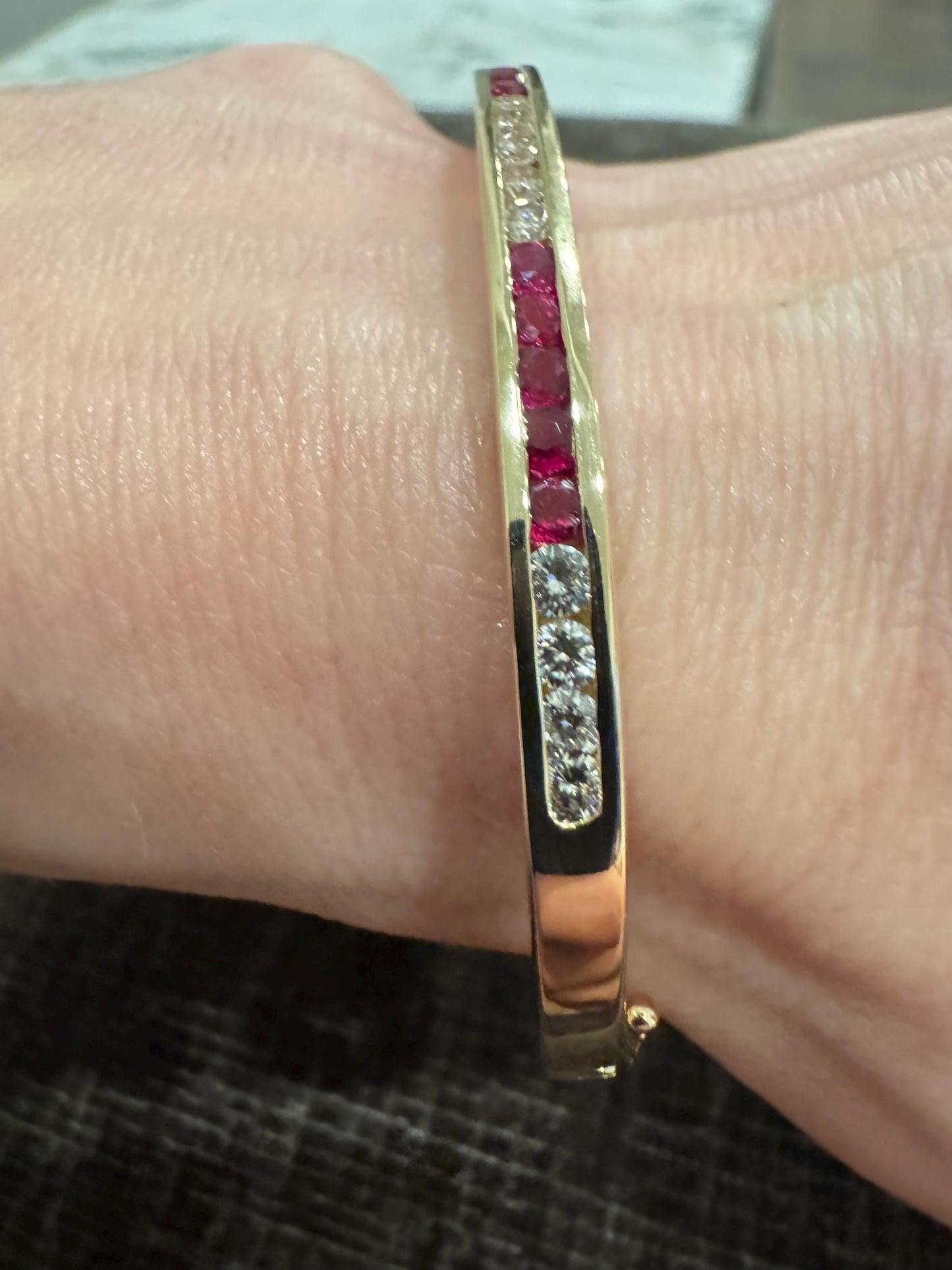 14K Yellow Gold Natural Ruby and Diamond Channel Bangle Bracelet | Estate Fine Jewelry