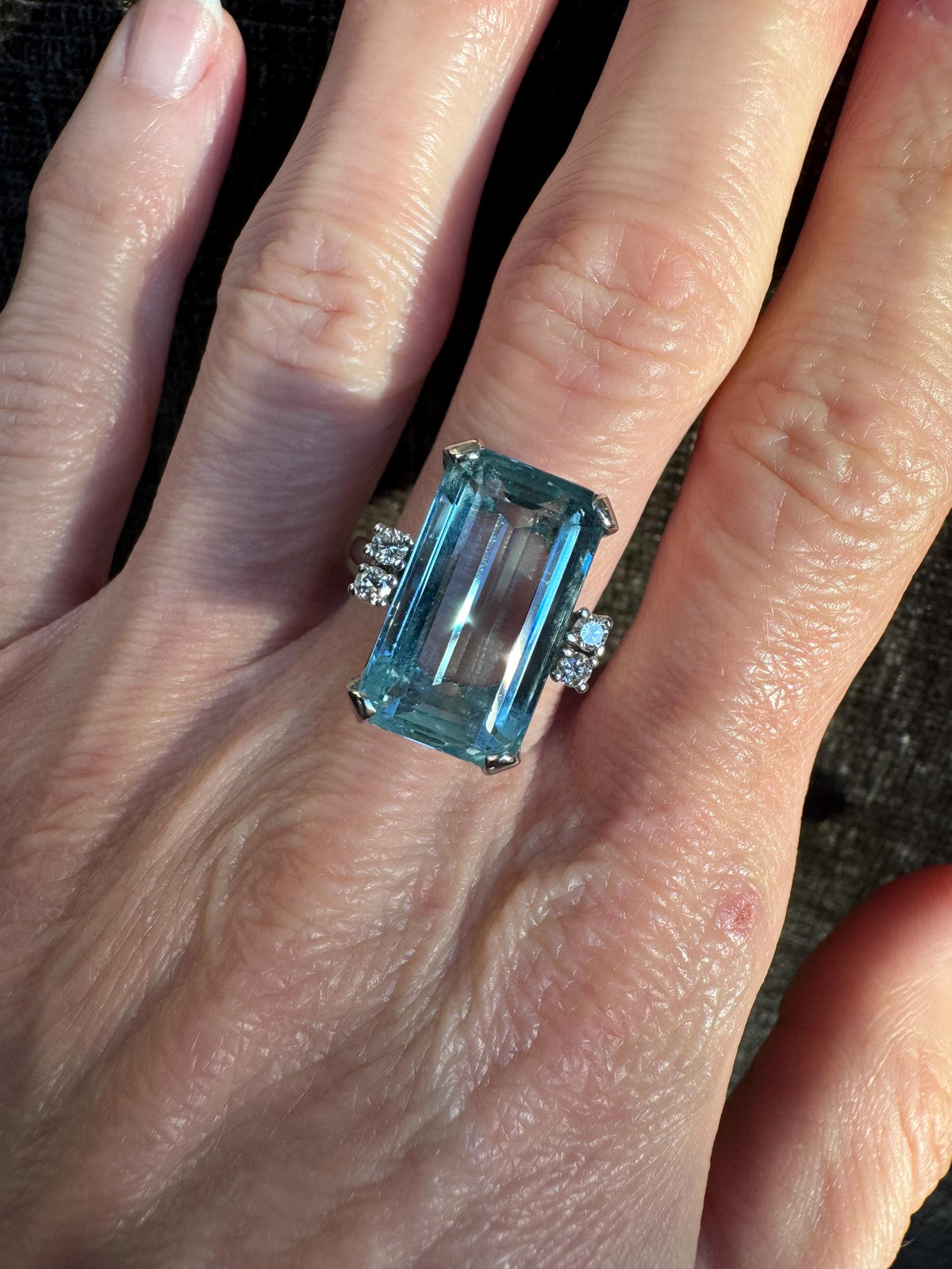 Vintage Emerald Cut Natural Aquamarine & Solid 14k White Gold Diamond Ring