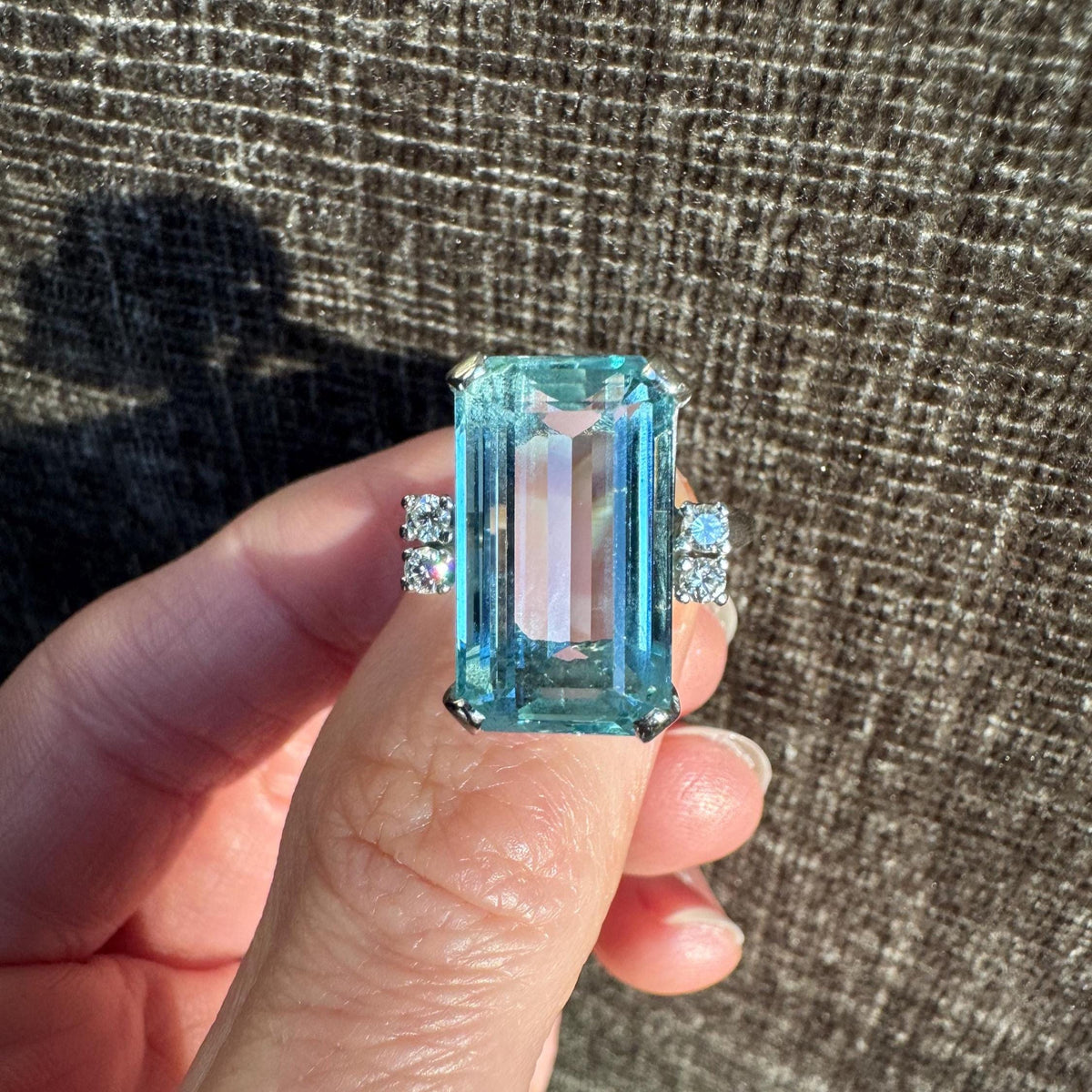Vintage Emerald Cut Natural Aquamarine & Solid 14k White Gold Diamond Ring
