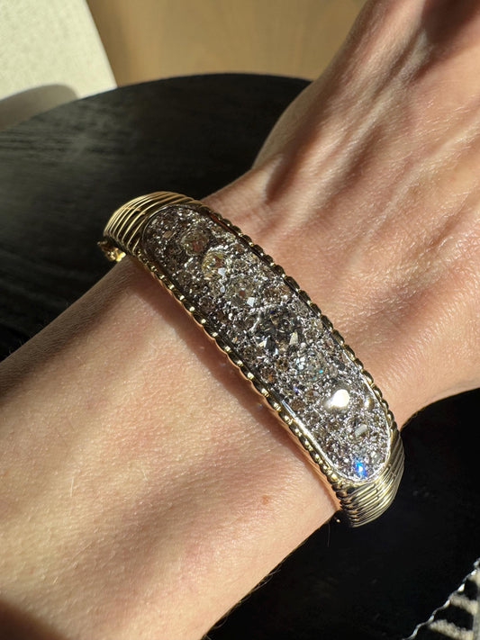 Vintage 18k Yellow Gold Diamond Shrimp Bracelet Old Mine Cut Diamonds 41.3g Estate Jewelry