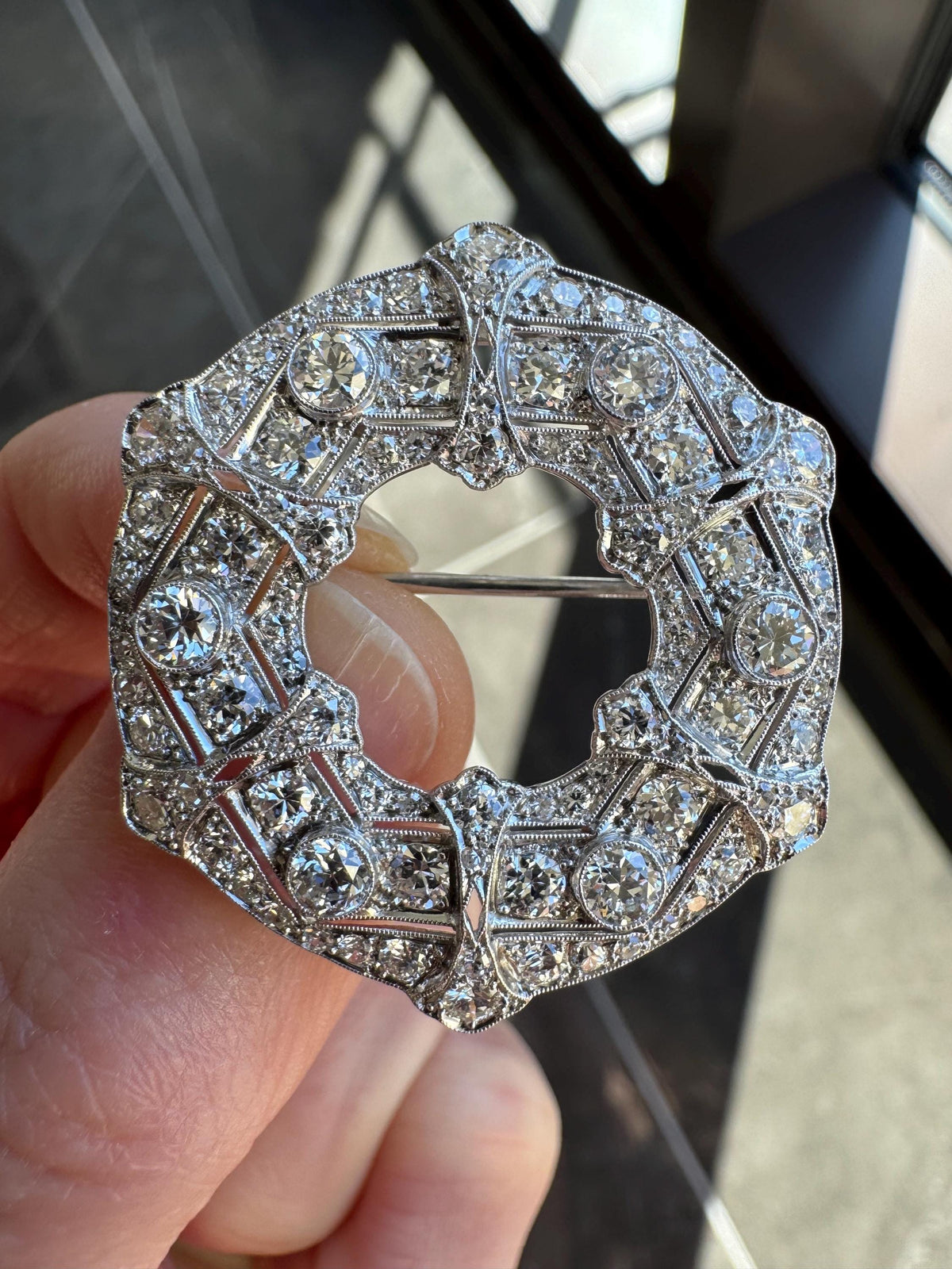 Art Deco Solid Platinum & Natural Diamond Open Brooch (1920's)