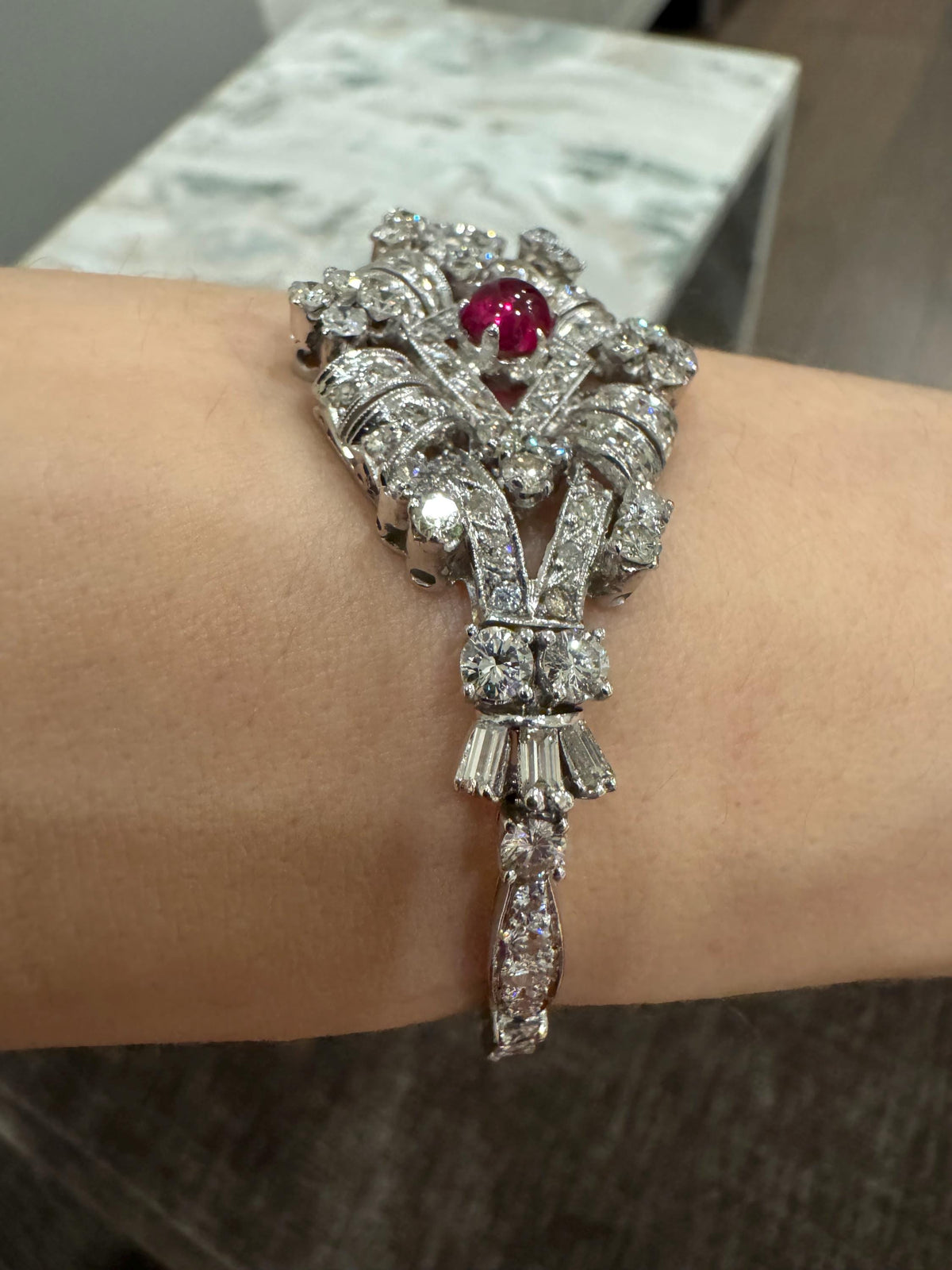 1935 Art Deco Solid Platinum Natural Diamond Bracelet with Ruby Cabochon
