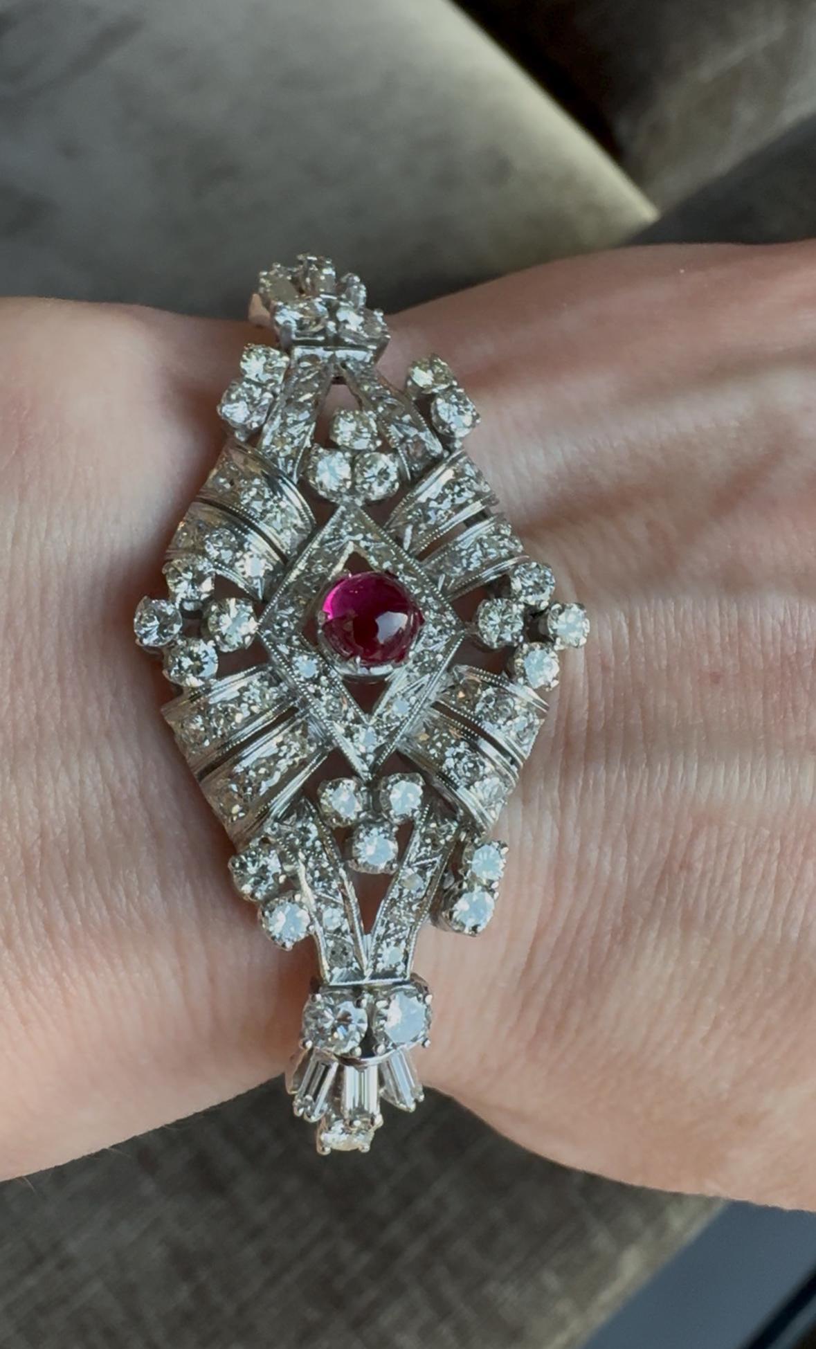 1935 Art Deco Solid Platinum Natural Diamond Bracelet with Ruby Cabochon