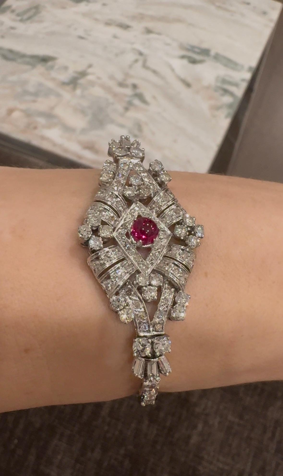 1935 Art Deco Solid Platinum Natural Diamond Bracelet with Ruby Cabochon