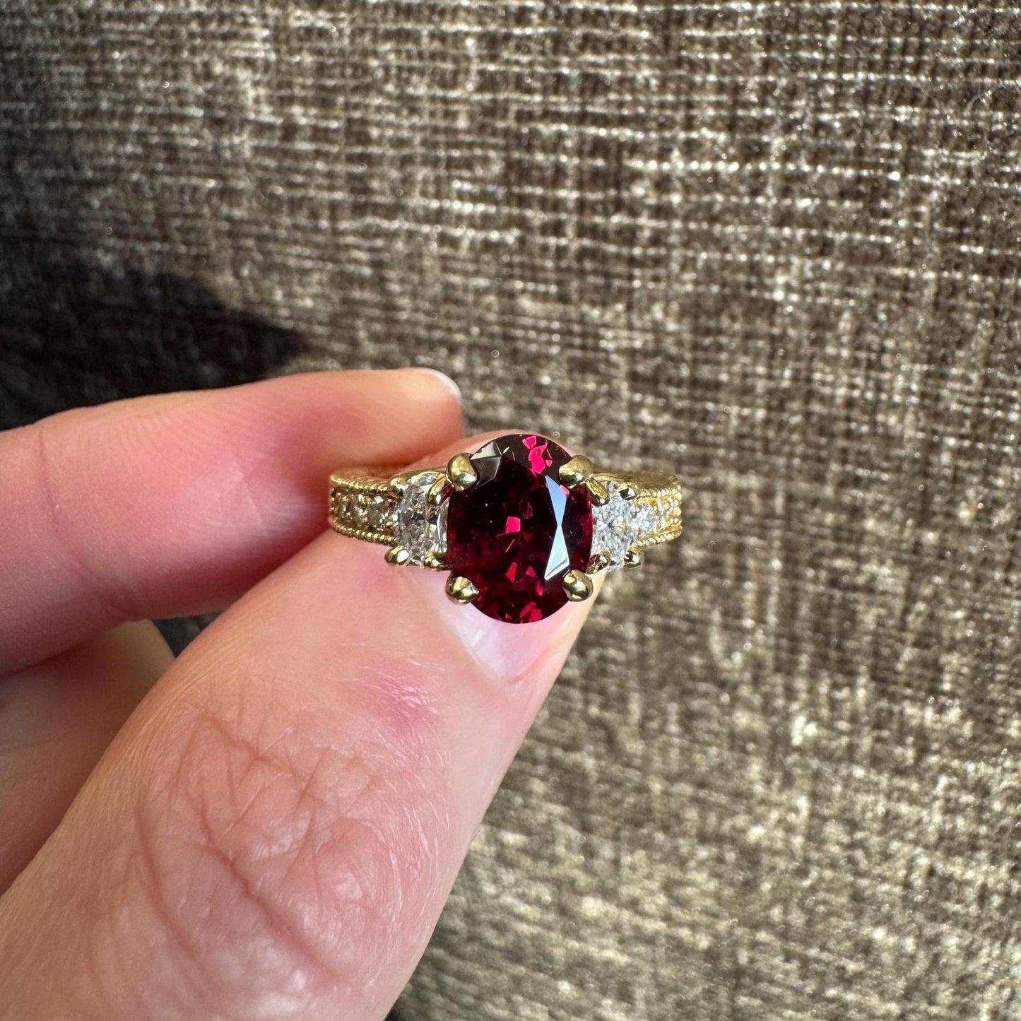Vintage Style 18k Yellow Gold Natural Red & Pink Spinel Diamond Ring Bundle (2 Rings)