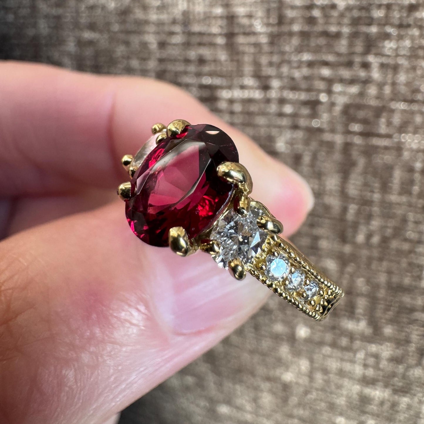 Vintage Style 18k Yellow Gold Natural Red & Pink Spinel Diamond Ring Bundle (2 Rings)