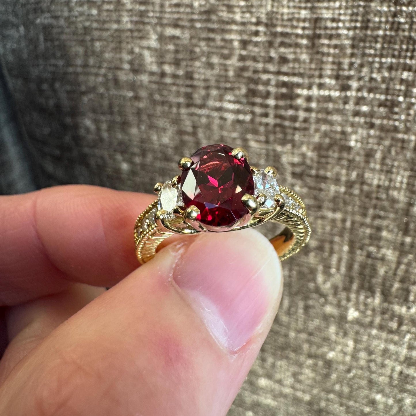 Vintage Style 18k Yellow Gold Natural Red & Pink Spinel Diamond Ring Bundle (2 Rings)