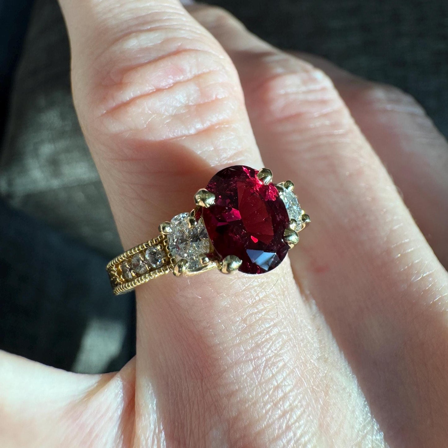 Vintage Style 18k Yellow Gold Natural Red & Pink Spinel Diamond Ring Bundle (2 Rings)