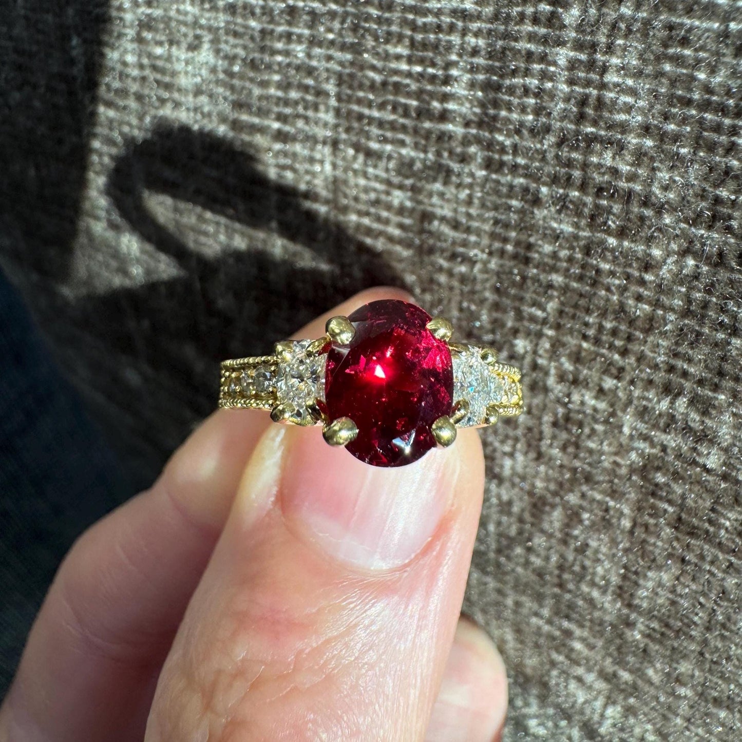 Vintage Style 18k Yellow Gold Natural Red & Pink Spinel Diamond Ring Bundle (2 Rings)