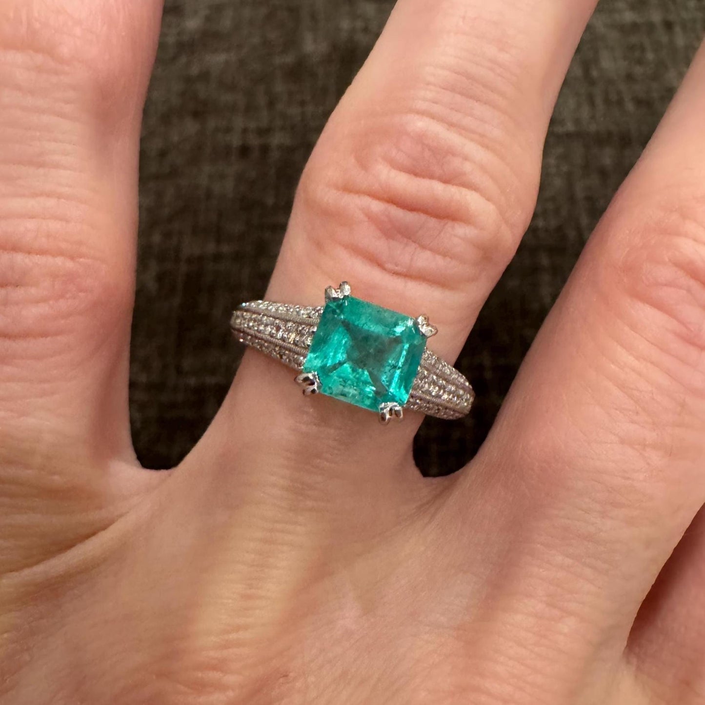 Estate Platinum Natural Columbian Emerald & Diamond Ring with Band
