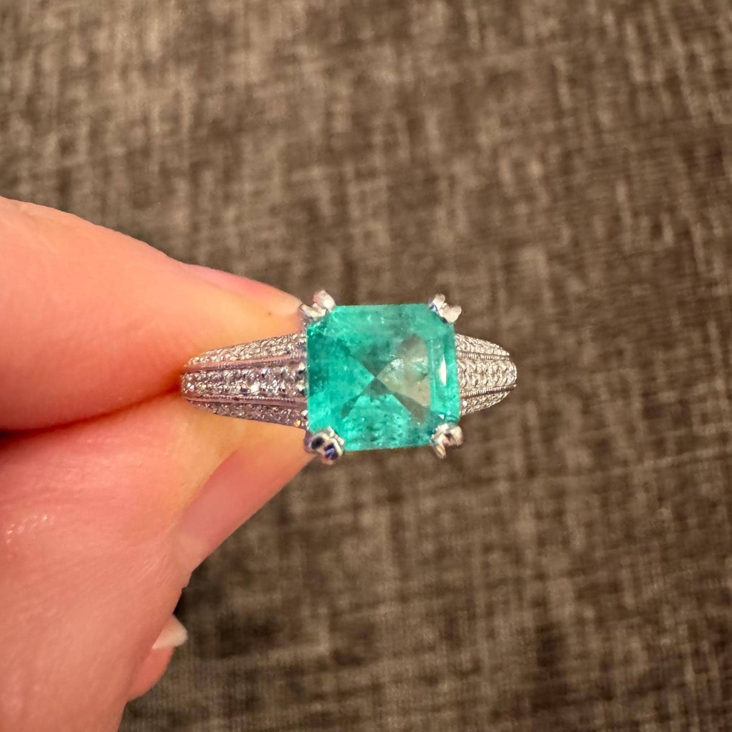 Estate Platinum Natural Columbian Emerald & Diamond Ring with Band