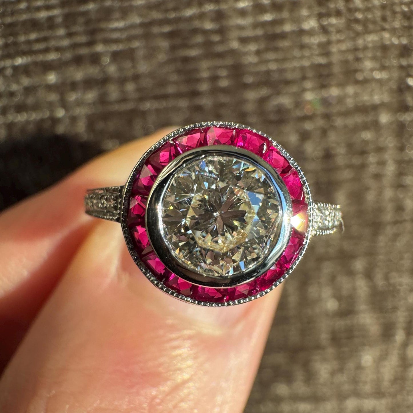 Old Mine Cut Diamond & Ruby Halo Ring | 18K Gold Estate Jewelry
