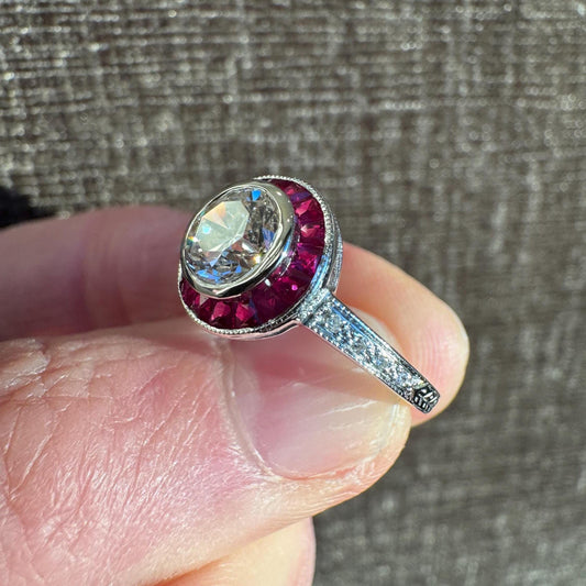 Old Mine Cut Diamond & Ruby Halo Ring | 18K Gold Estate Jewelry