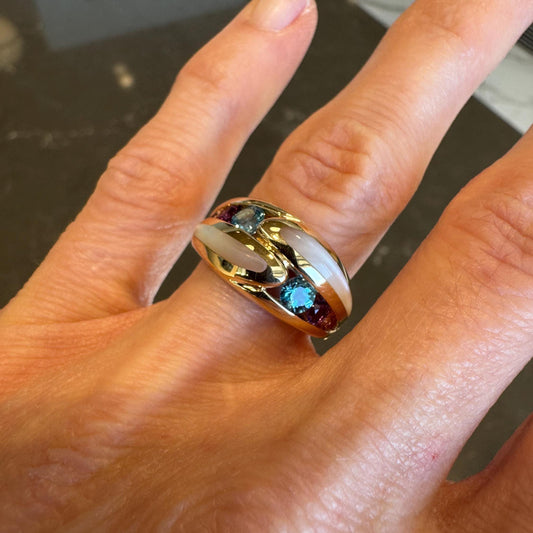 Kabana 14K Gold Gemstone Inlay Ring: Topaz, Amethyst, Tourmaline, MOP