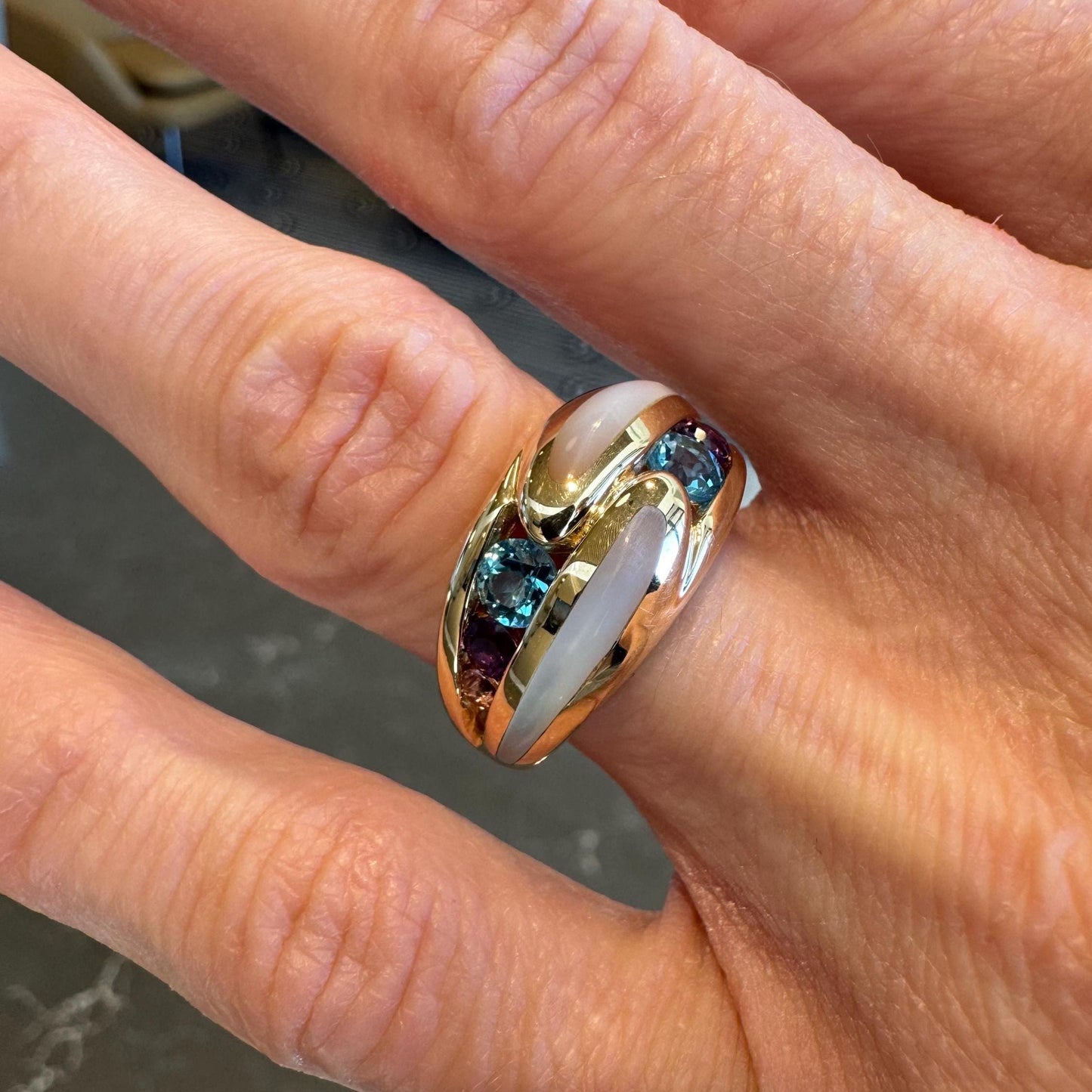 Kabana 14K Gold Gemstone Inlay Ring: Topaz, Amethyst, Tourmaline, MOP