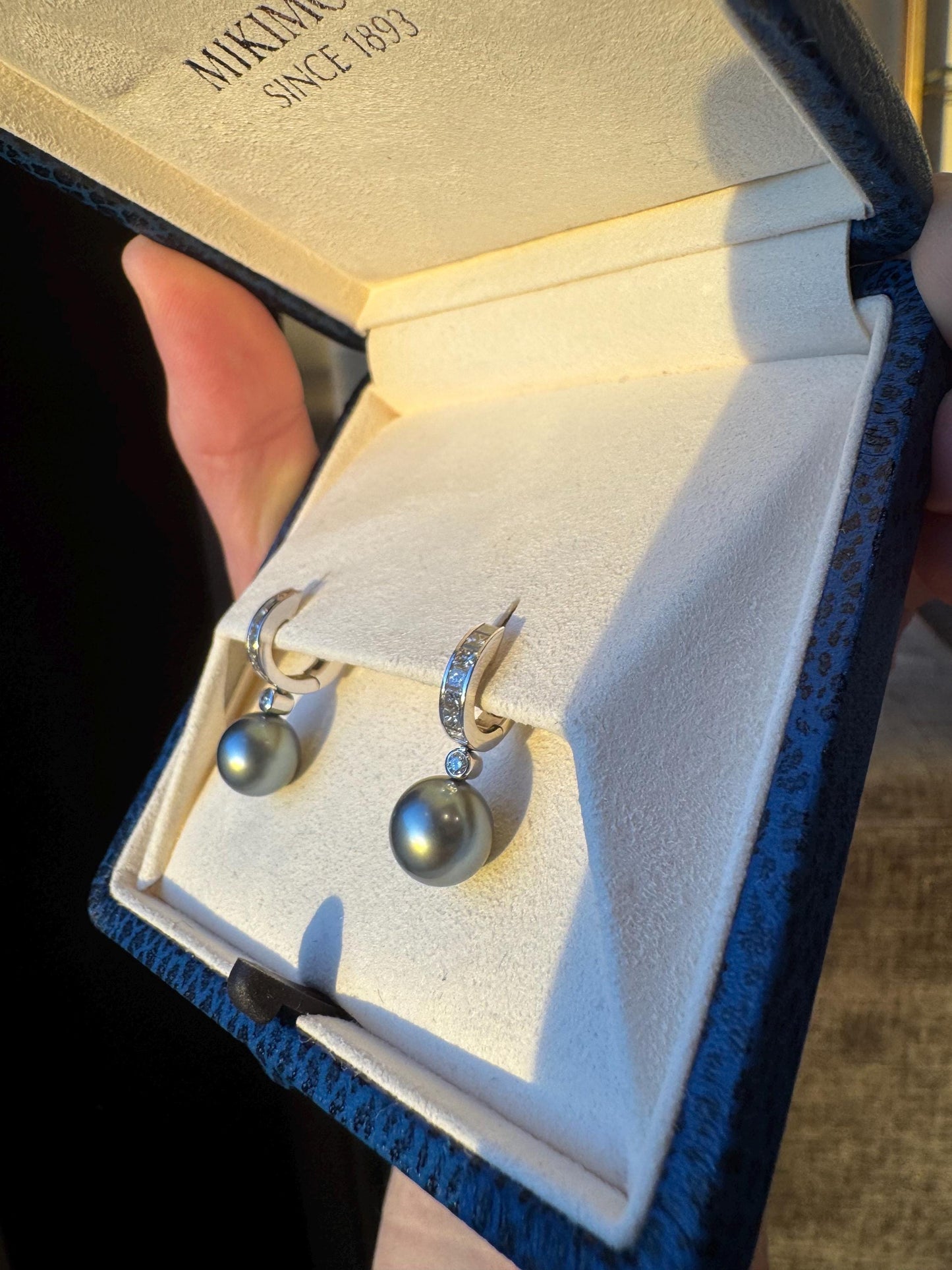 18k White Gold Mikimoto Black South Sea Pearl & Diamond Earrings