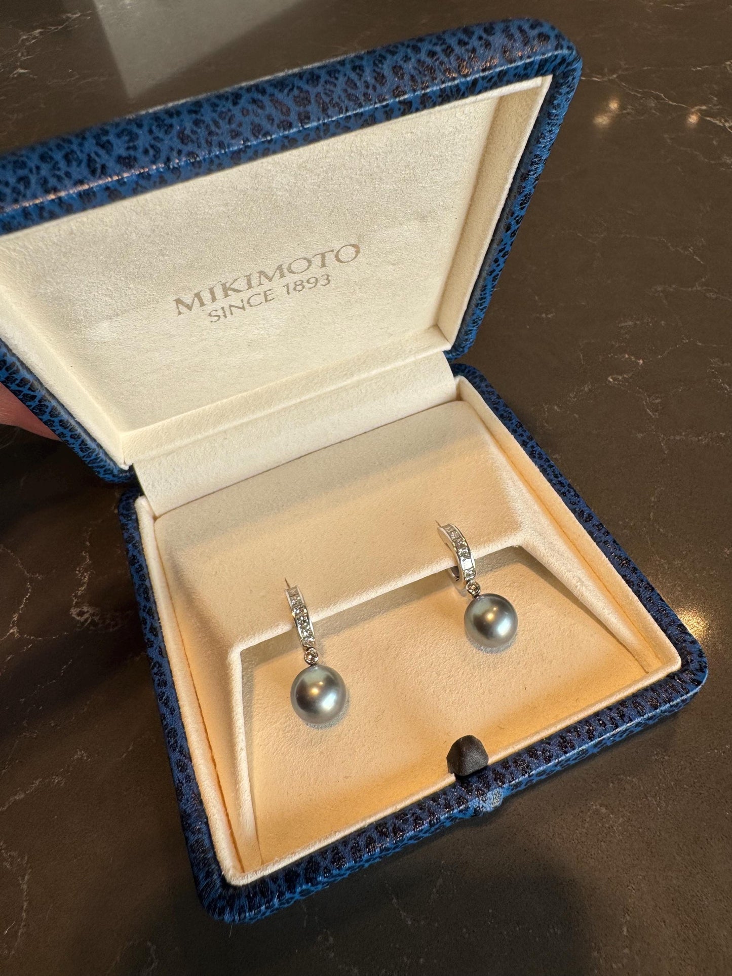 18k White Gold Mikimoto Black South Sea Pearl & Diamond Earrings