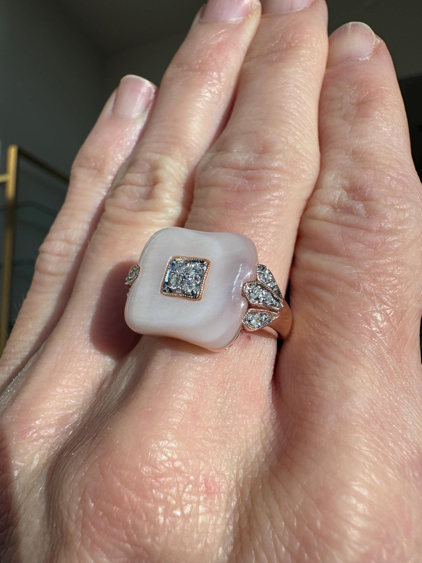 Vintage 14K Rose Gold Pink Mother of Pearl & Diamond Accent Ring Statement