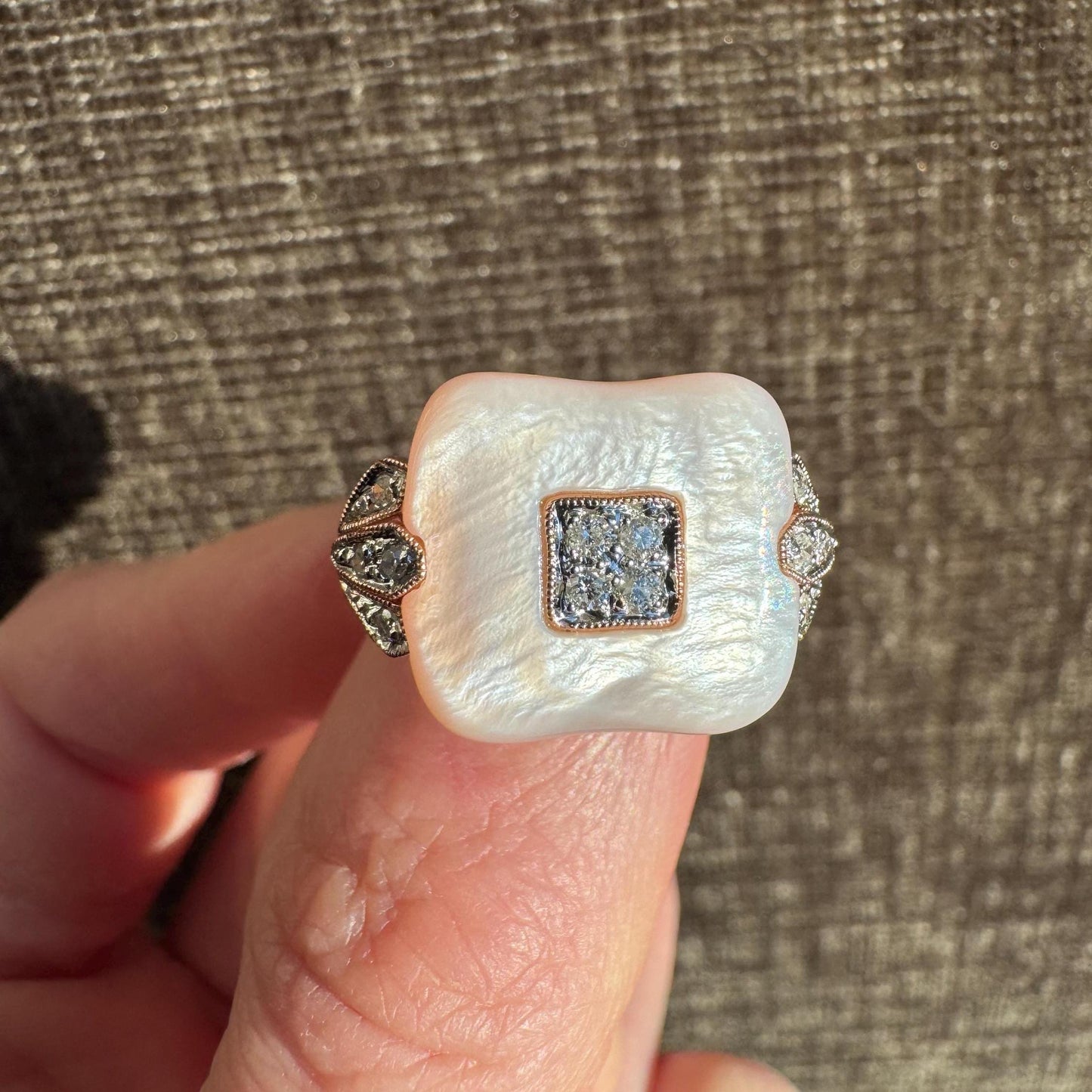 Vintage 14K Rose Gold Pink Mother of Pearl & Diamond Accent Ring Statement