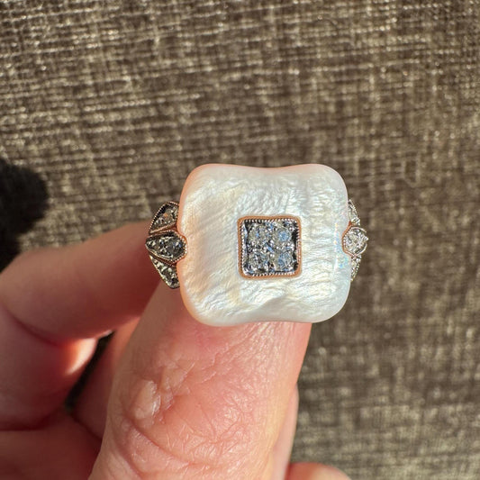Vintage 14K Rose Gold Pink Mother of Pearl & Diamond Accent Ring Statement