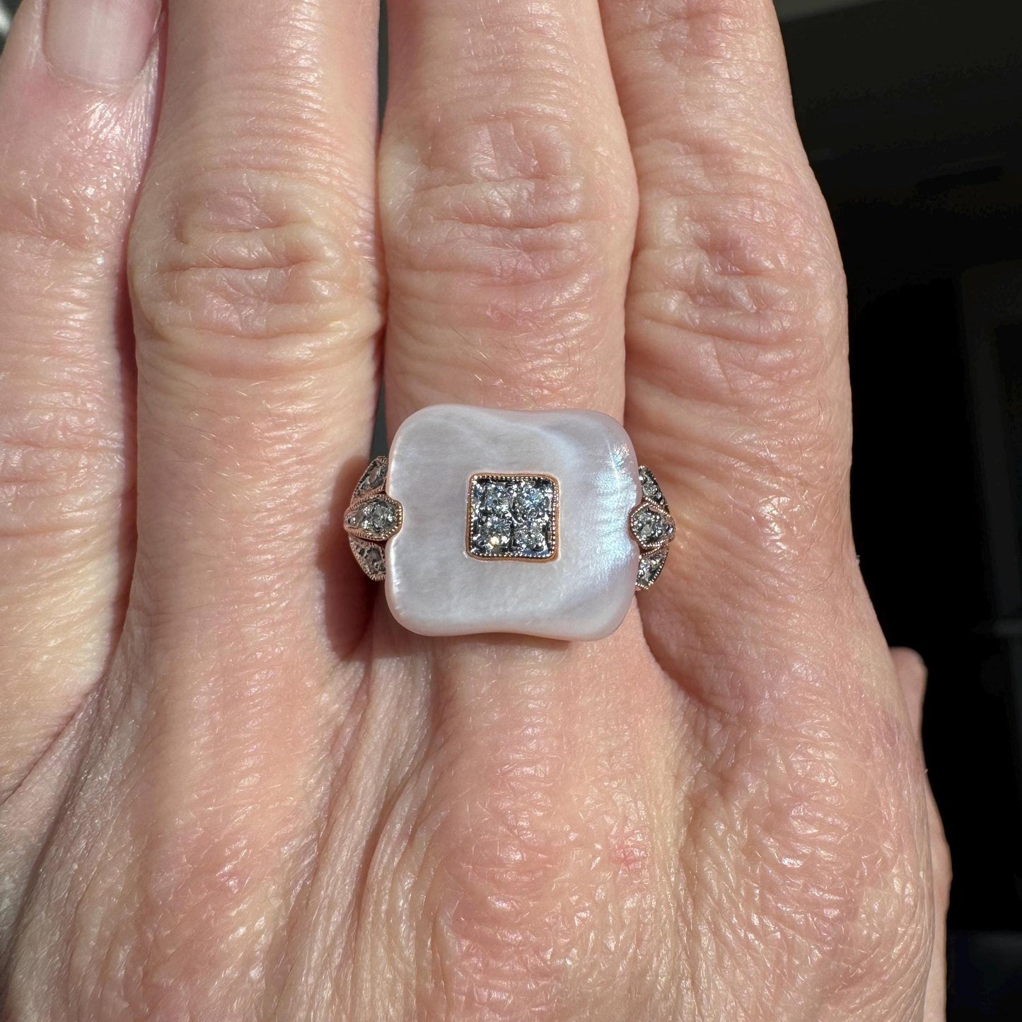 Vintage 14K Rose Gold Pink Mother of Pearl & Diamond Accent Ring Statement