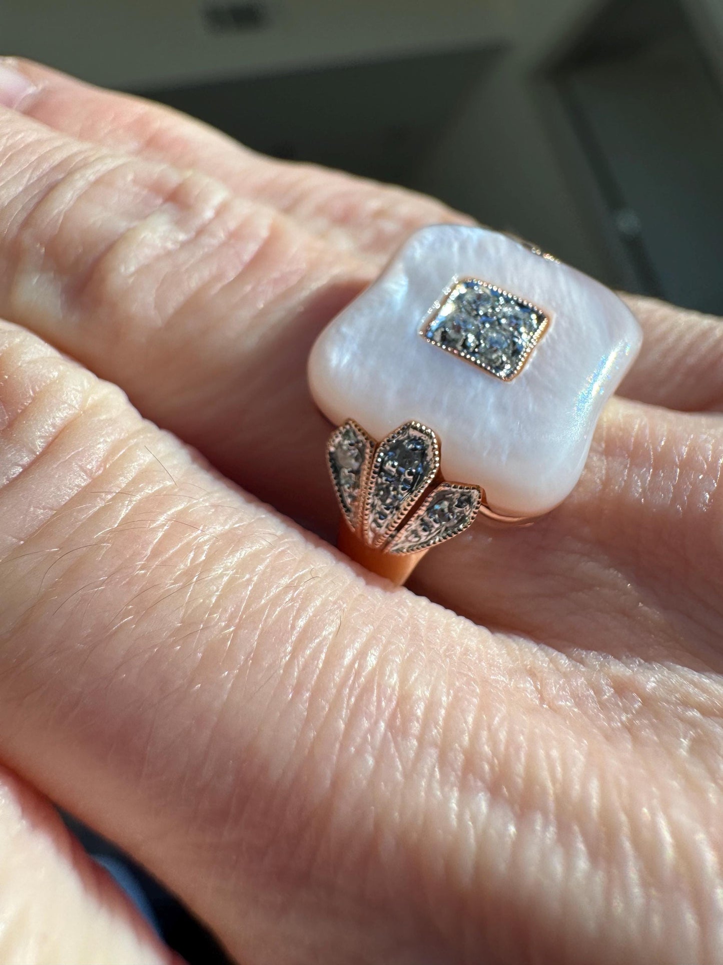 Vintage 14K Rose Gold Pink Mother of Pearl & Diamond Accent Ring Statement