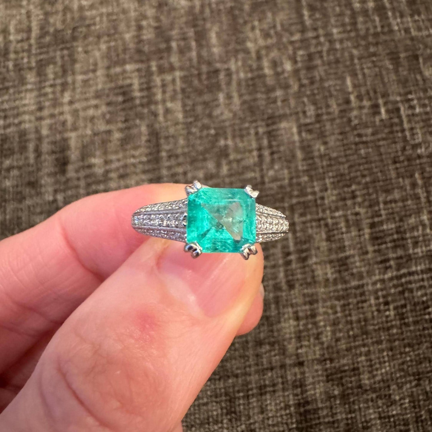 Estate Platinum Natural Columbian Emerald & Diamond Ring with Band