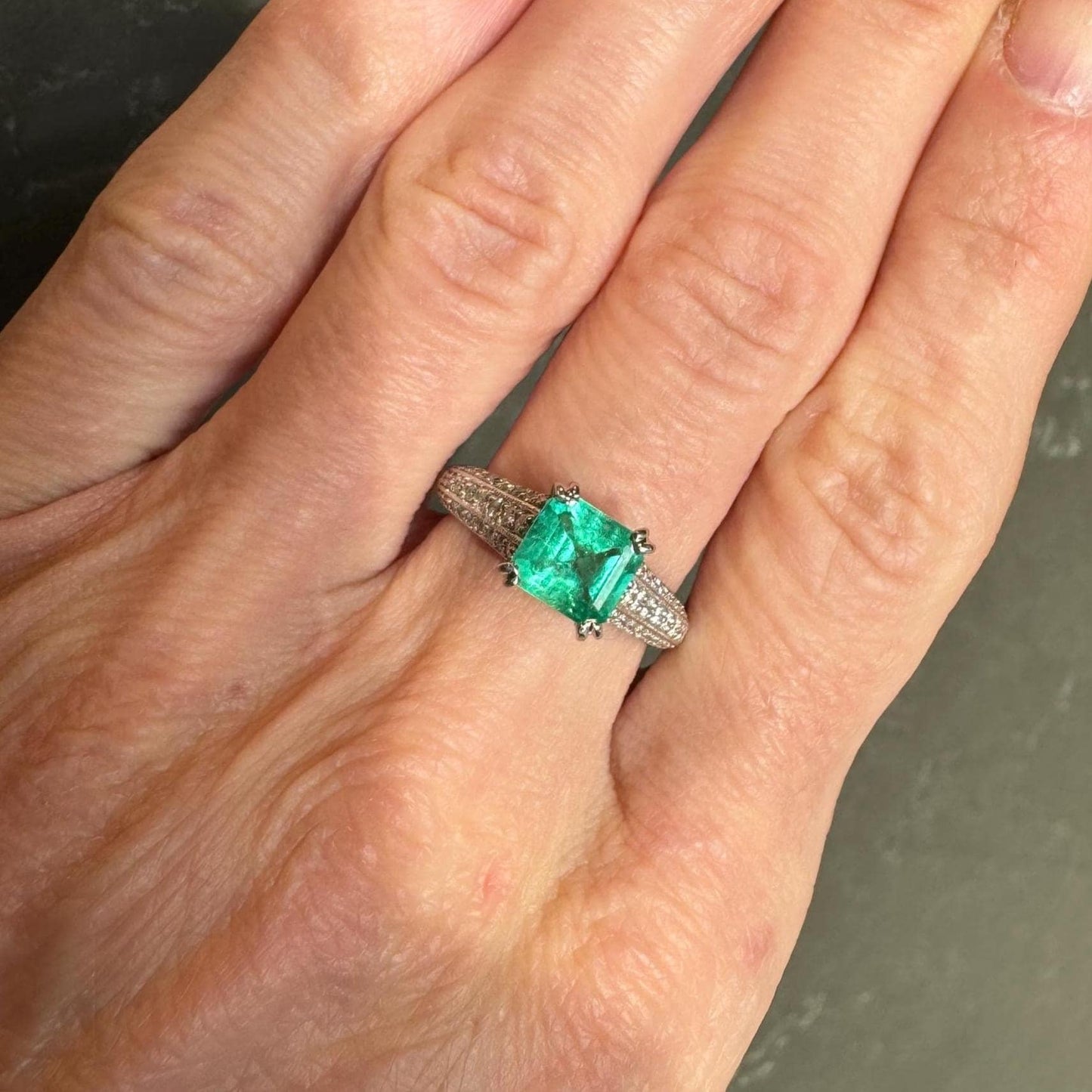 Estate Platinum Natural Columbian Emerald & Diamond Ring with Band