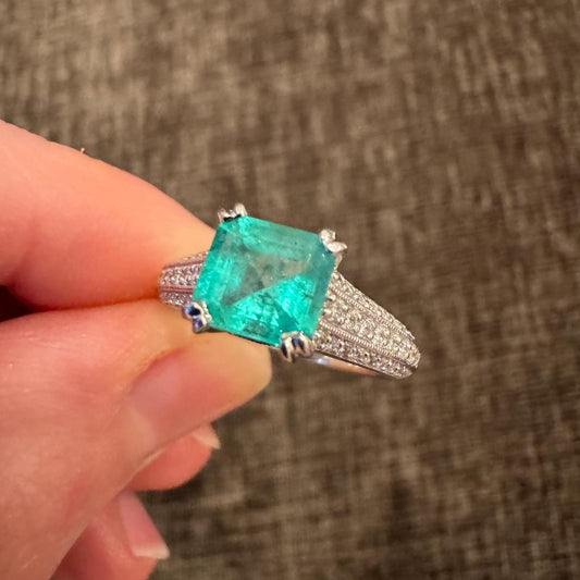 Estate Platinum Natural Columbian Emerald & Diamond Ring with Band