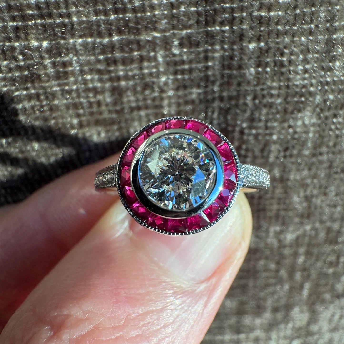 Old Mine Cut Diamond & Ruby Halo Ring | 18K Gold Estate Jewelry