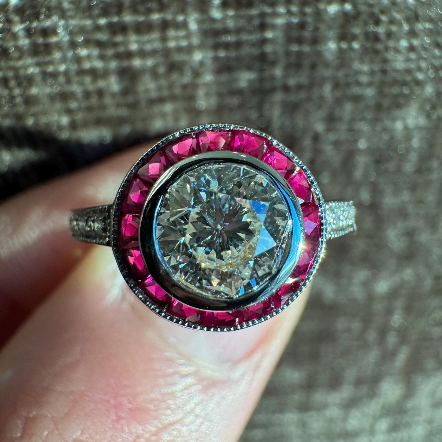 Old Mine Cut Diamond & Ruby Halo Ring | 18K Gold Estate Jewelry