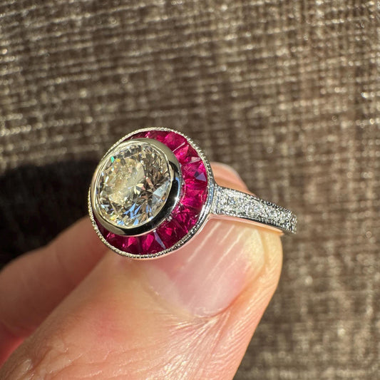 Old Mine Cut Diamond & Ruby Halo Ring | 18K Gold Estate Jewelry
