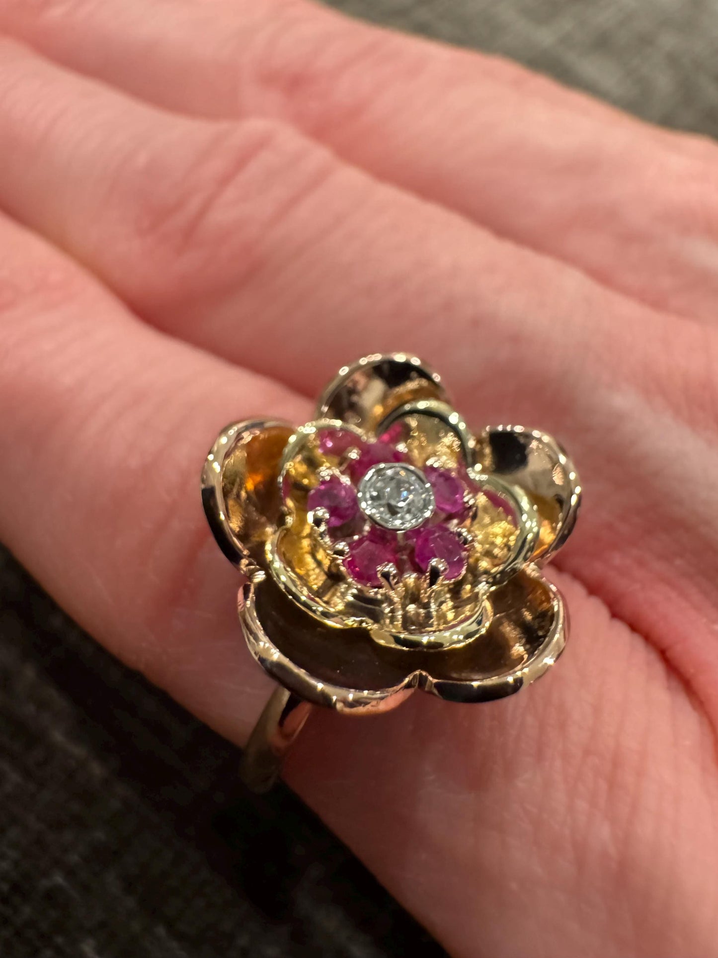 Vintage 14K Gold Ruby & Diamond Floral Ring