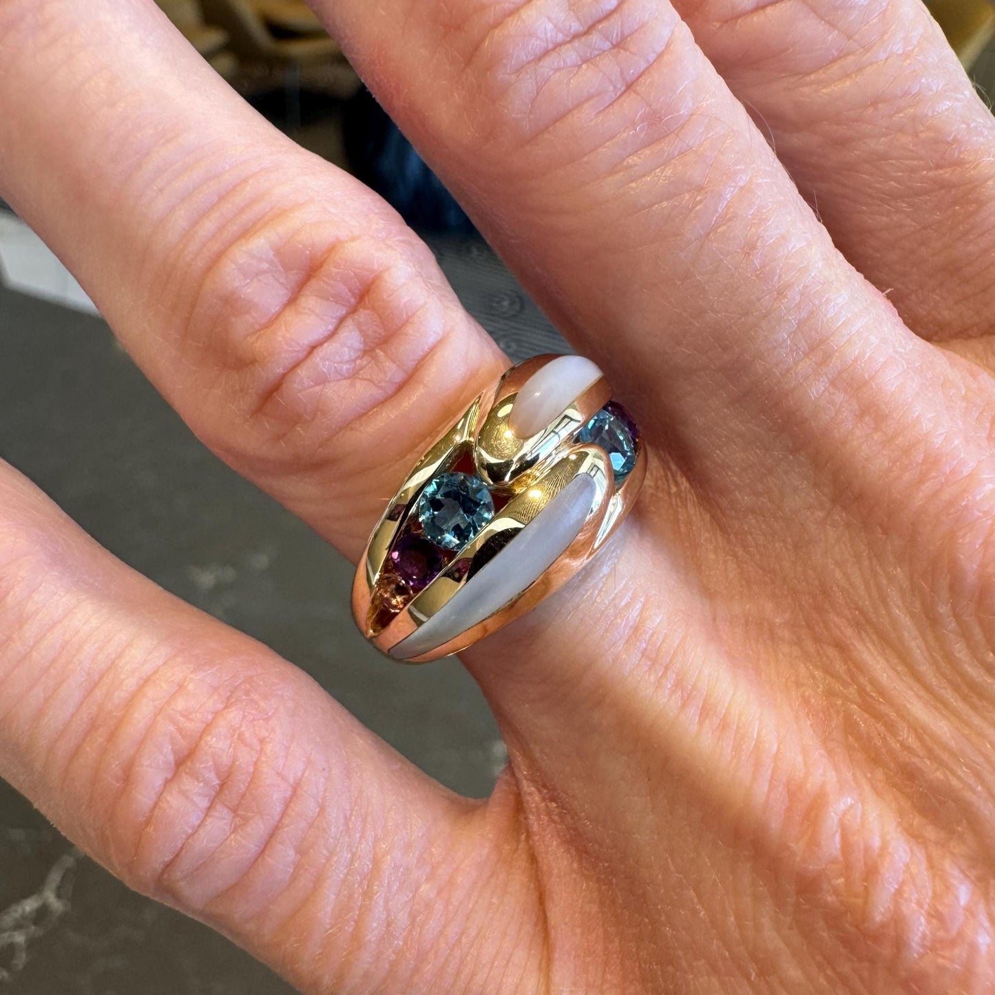 Kabana 14K Gold Gemstone Inlay Ring: Topaz, Amethyst, Tourmaline, MOP