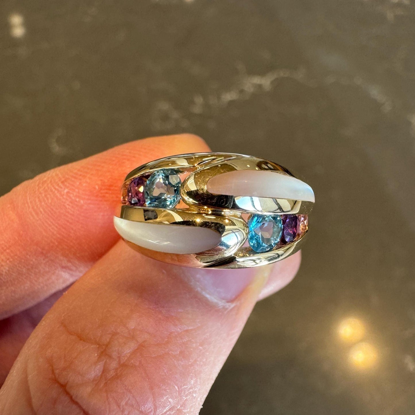 Kabana 14K Gold Gemstone Inlay Ring: Topaz, Amethyst, Tourmaline, MOP