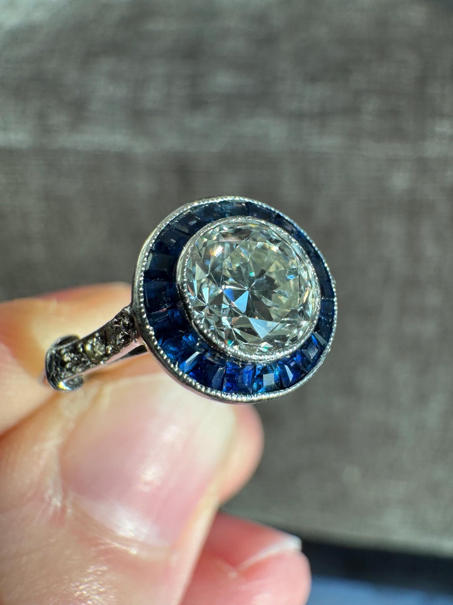 Art Deco Diamond Ring | 1.10ct Old Mine Cut, Sapphire Halo, Platinum, 1920s