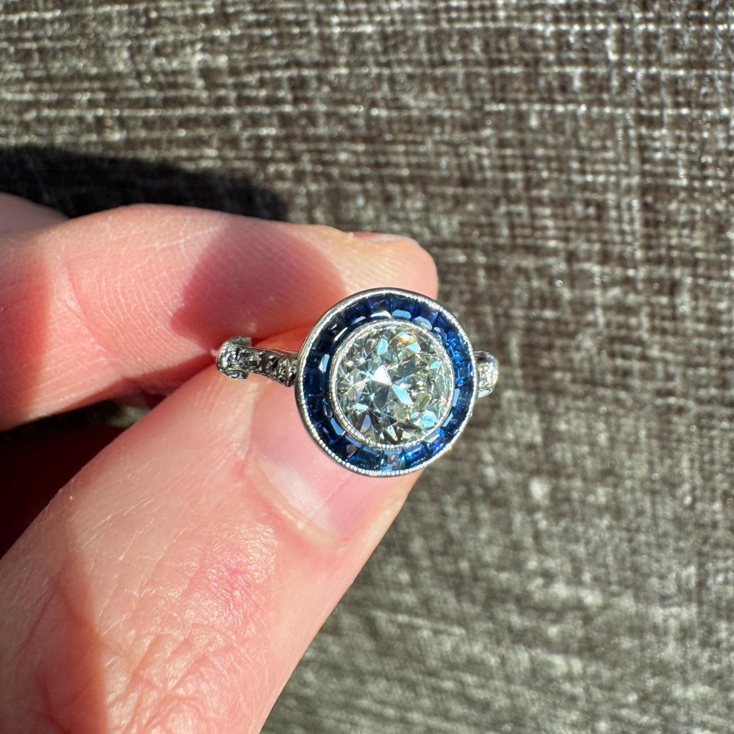 Art Deco Diamond Ring | 1.10ct Old Mine Cut, Sapphire Halo, Platinum, 1920s