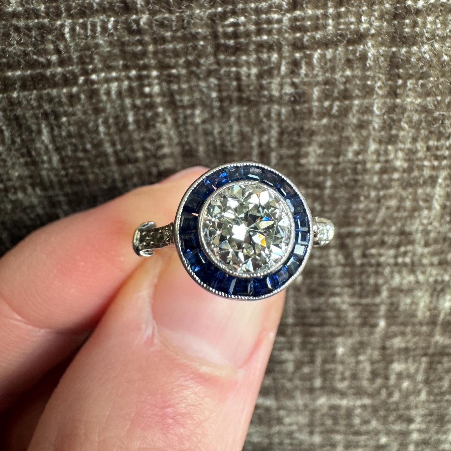 Art Deco Diamond Ring | 1.10ct Old Mine Cut, Sapphire Halo, Platinum, 1920s