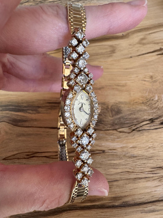 Vintage Hamilton 14k Solid Gold Diamond Bracelet Watch, 3.00 ctw, Art Deco