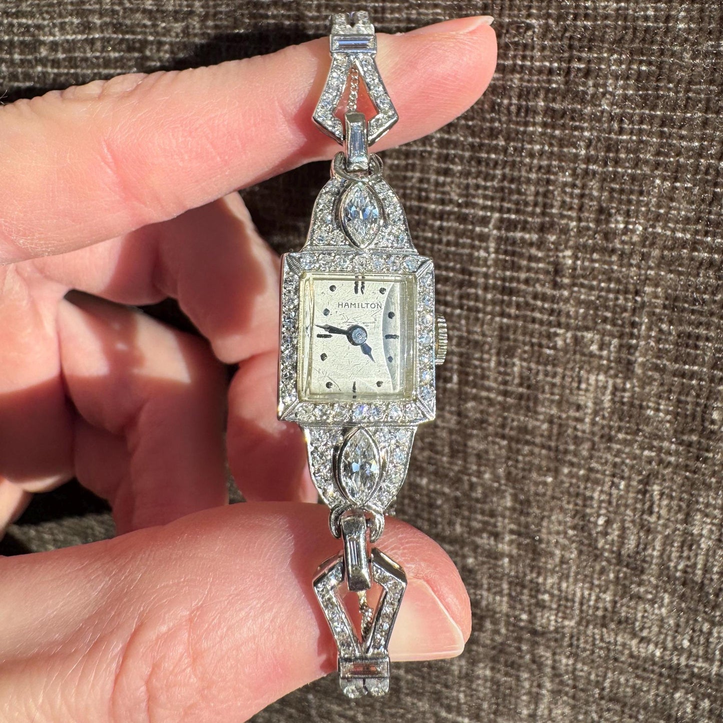 Vintage Hamilton Platinum Diamond Bracelet Watch, 3.00 ctw, Art Deco