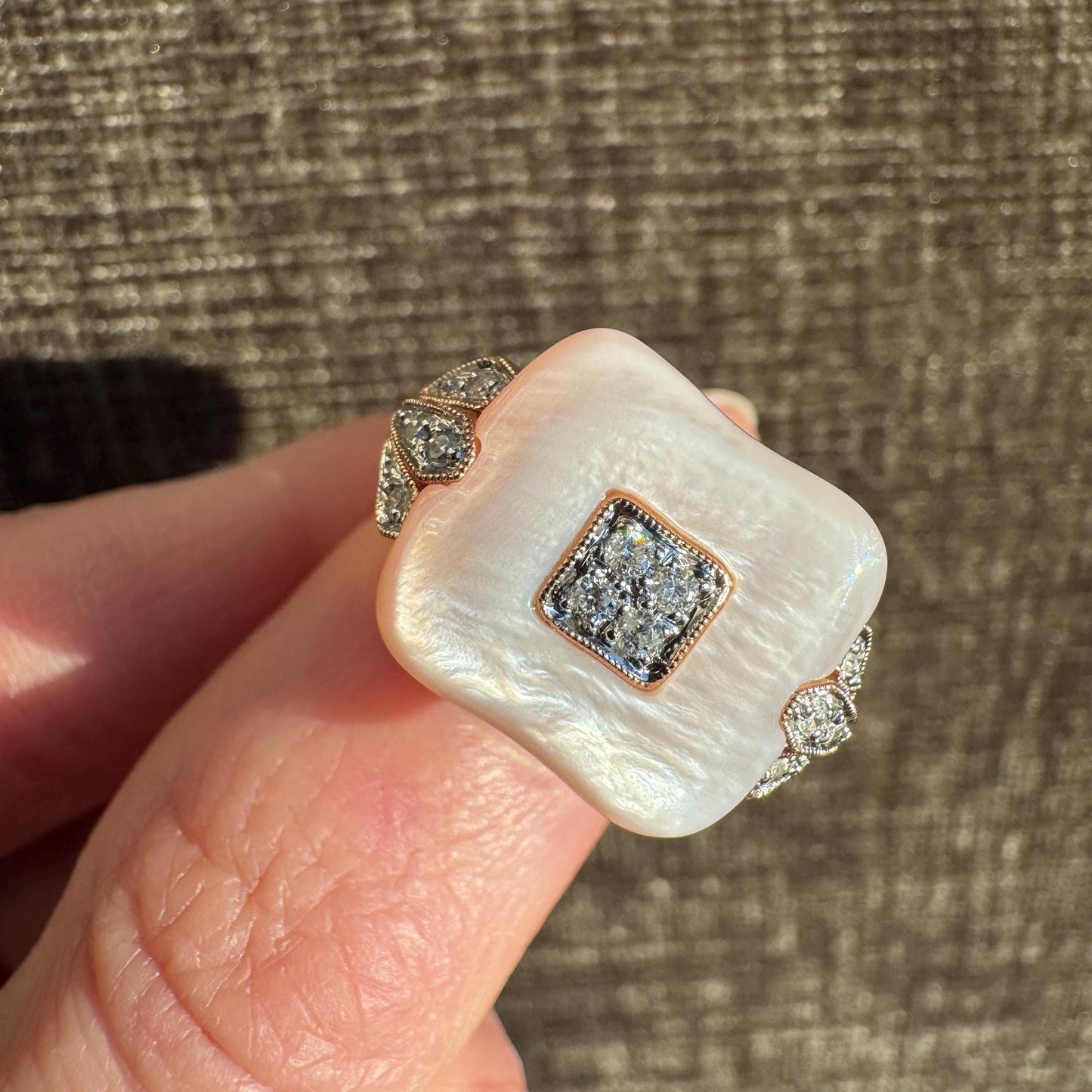 Vintage 14K Rose Gold Pink Mother of Pearl & Diamond Accent Ring Statement