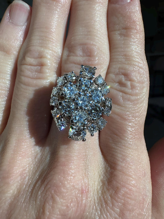 Vintage 14k White Gold 7 Carat Natural Diamond Cluster Ring
