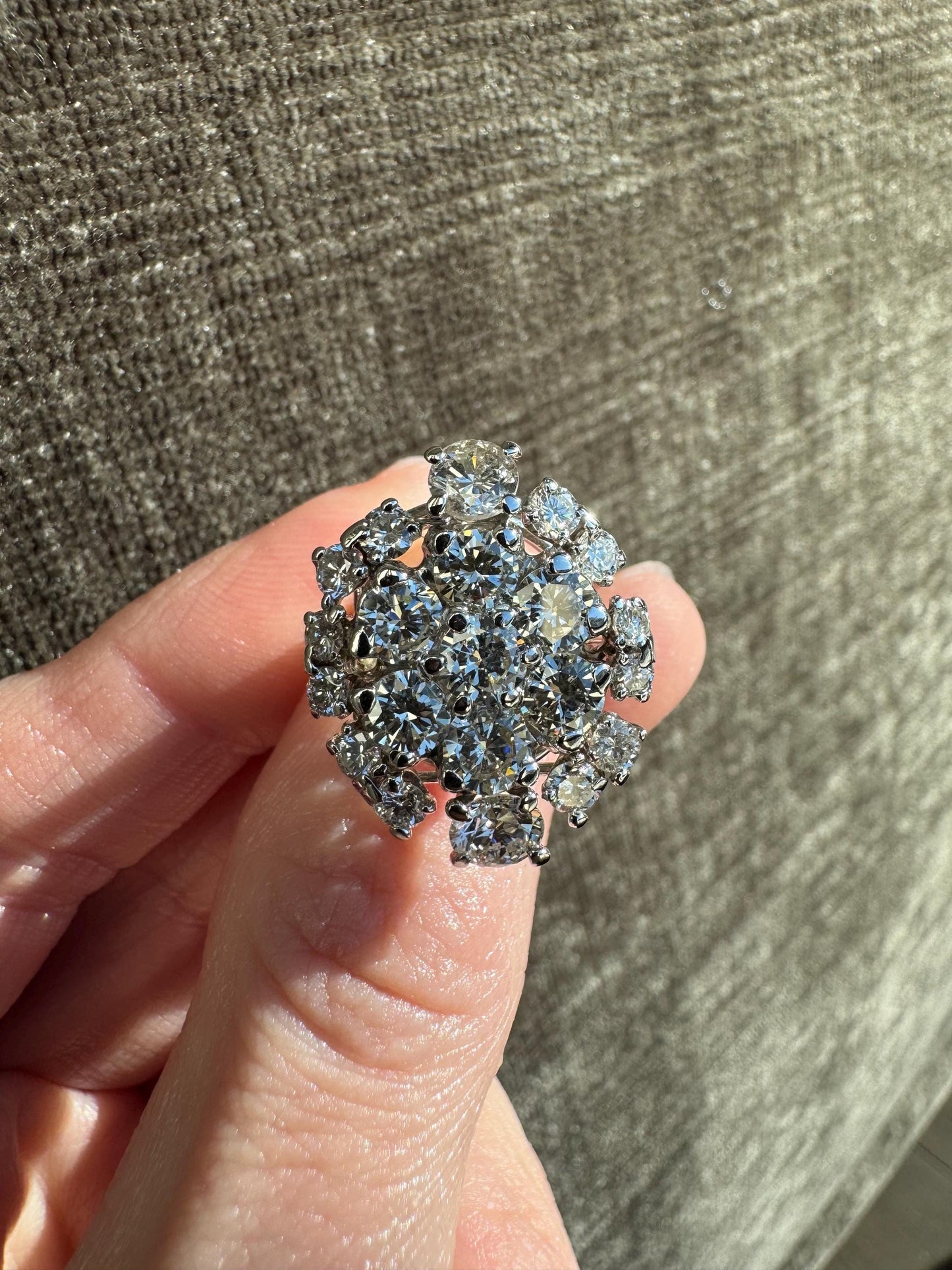 Vintage 14k White Gold 7 Carat Natural Diamond Cluster Ring